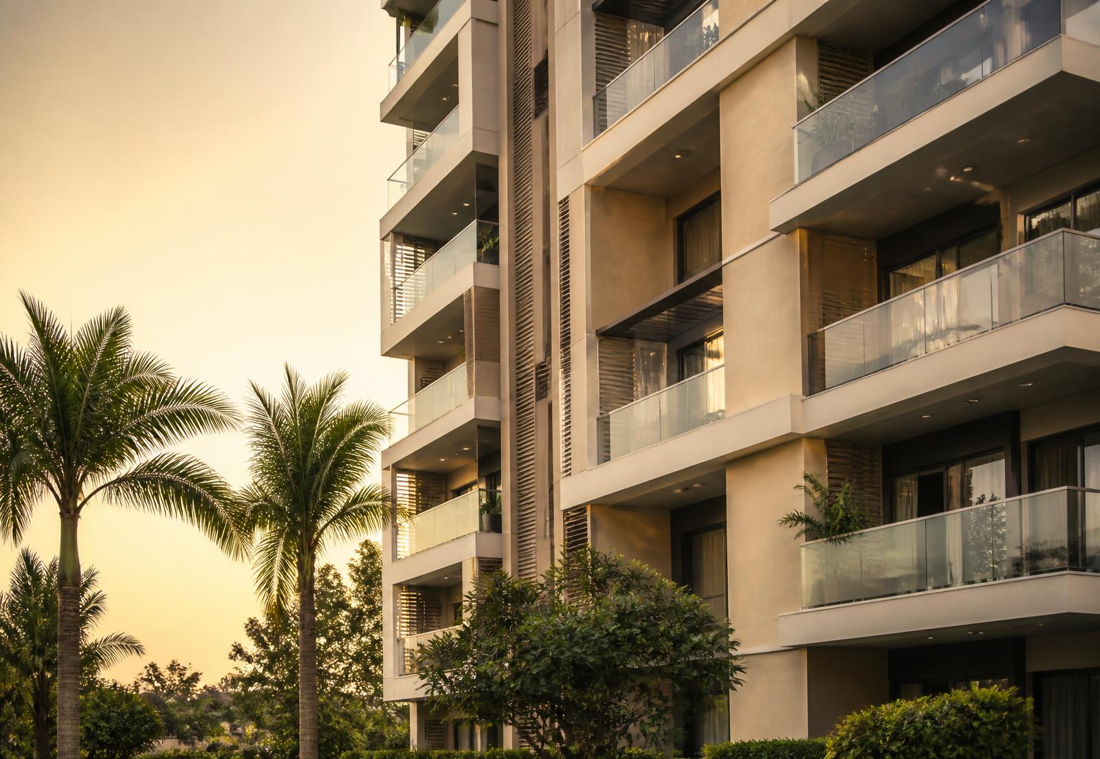 Modern residential apartment tower with balconies in Pune at golden hour